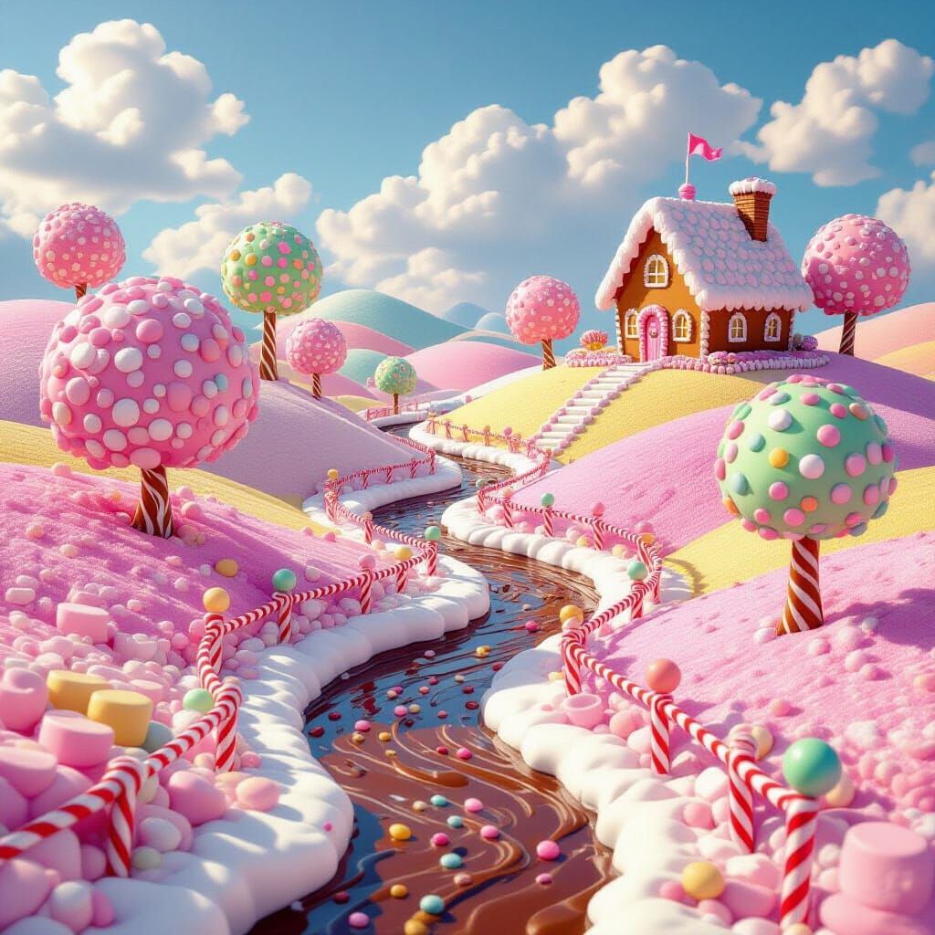 Whimsical Candy Land Landscape with Chocolate Rivers