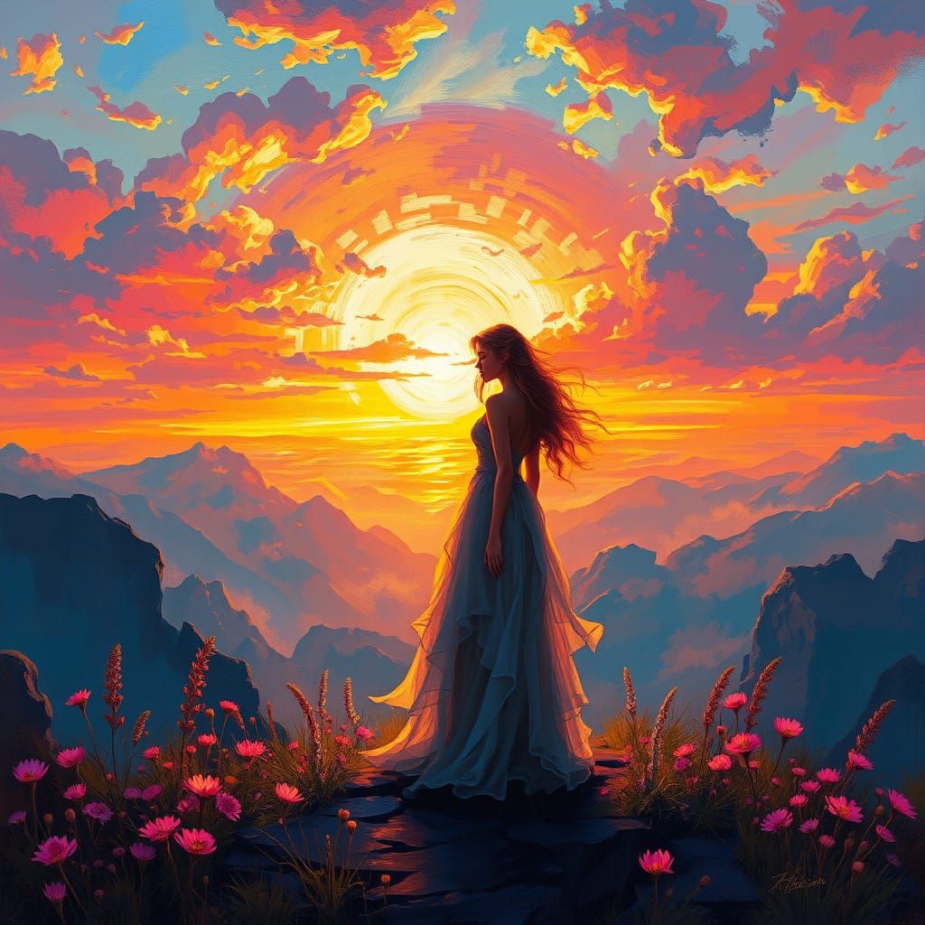 Enchanted Sunset Scene in Vibrant Oil Painting Style