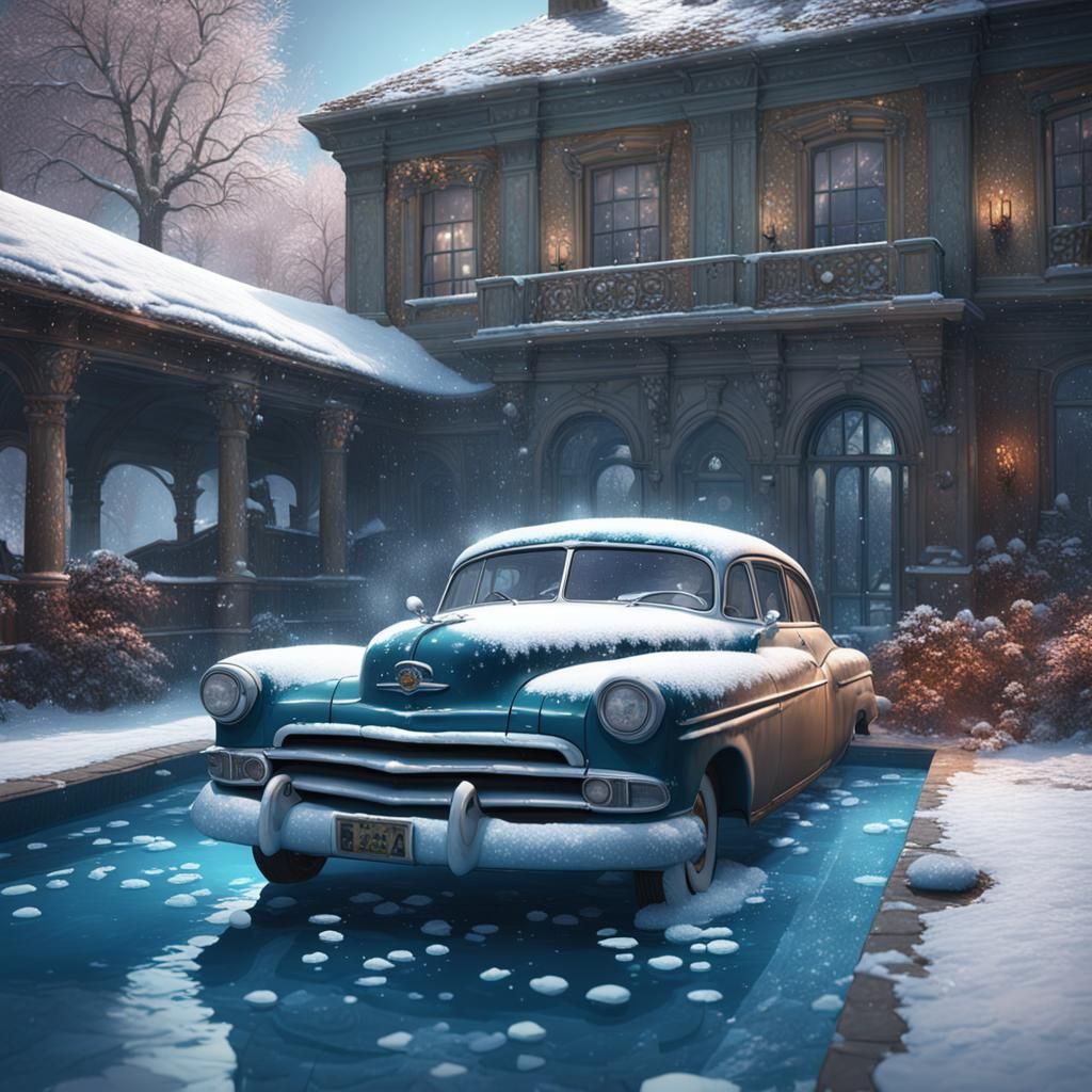 Icy Spring: Swimming Pool with Burning Car