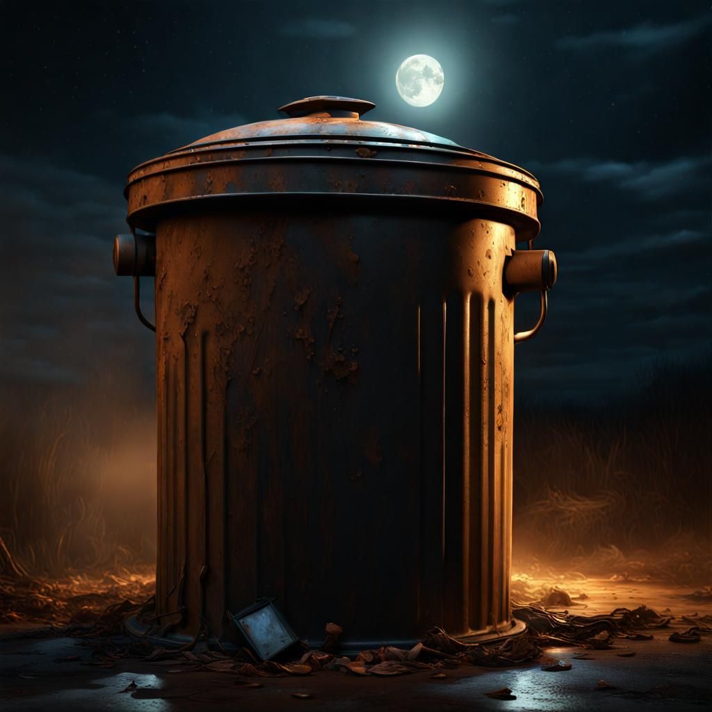 Rusty Trash Can in Van Gogh Style at Night