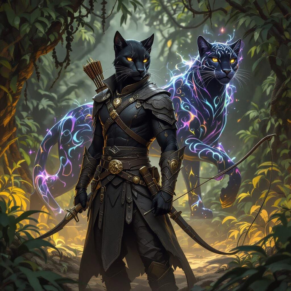 Tabaxi Hunter and Nebula Panther in Dark Fantasy Style