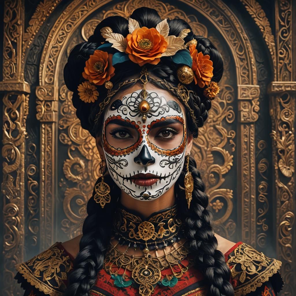 Beautiful Spanish Woman in Catrina Mask, Detailed Portrait