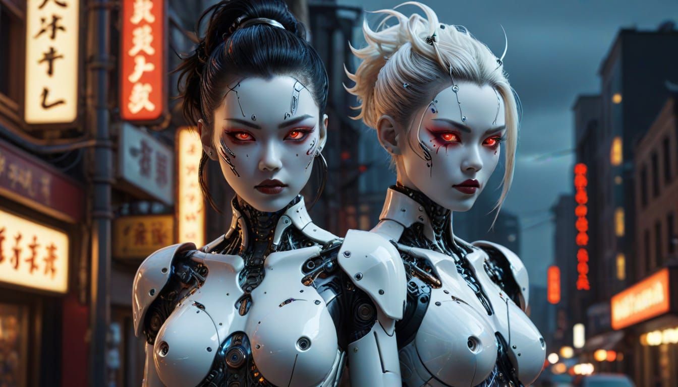 Gothic Pinup Gynoid in Cyberpunk Cityscape