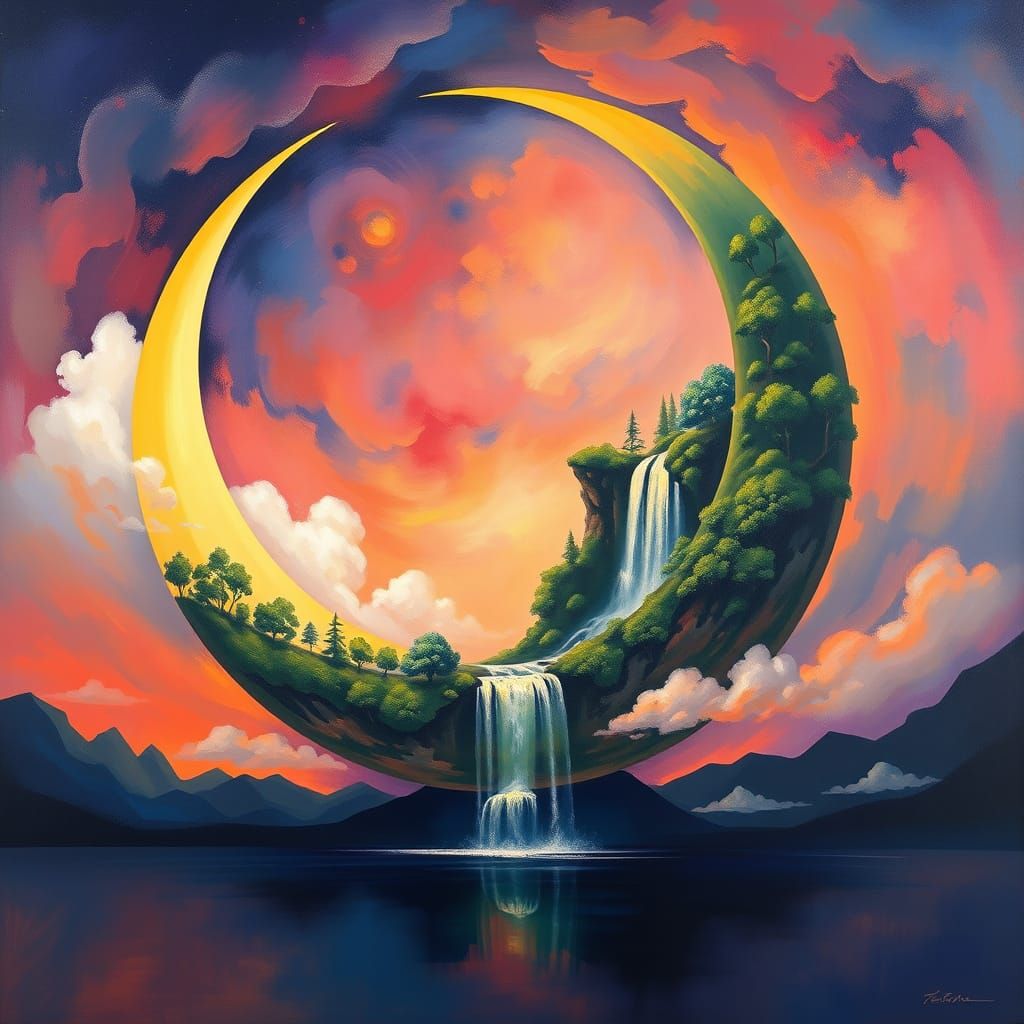 Surreal Crescent Moon Suspended in Vibrant Nebula Night Sky