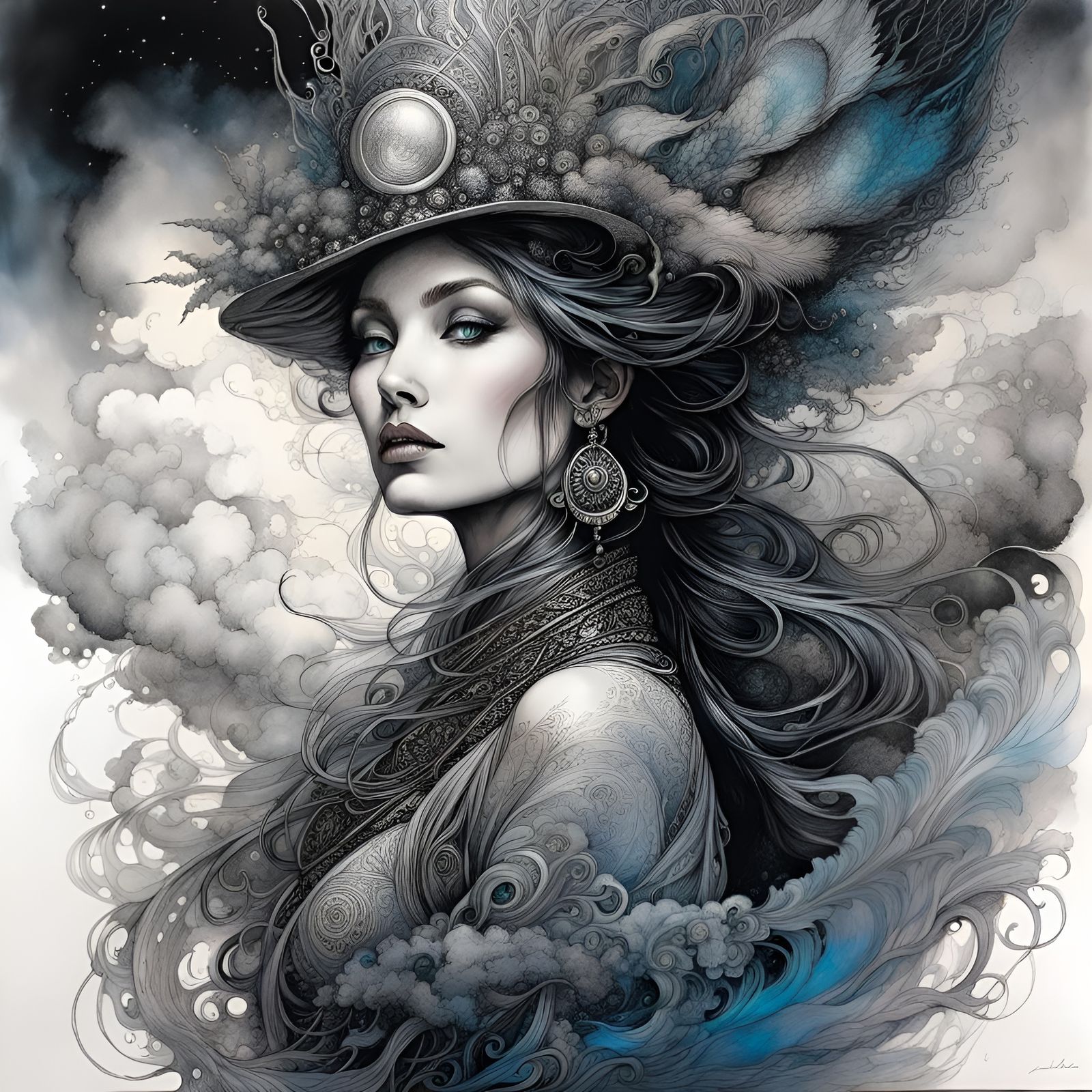 Surreal Sorceress Floating Through Dream Clouds