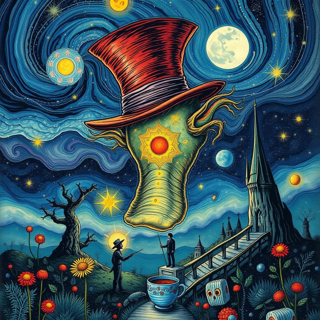 Surreal Mad Hatter in Futuristic Wonderland