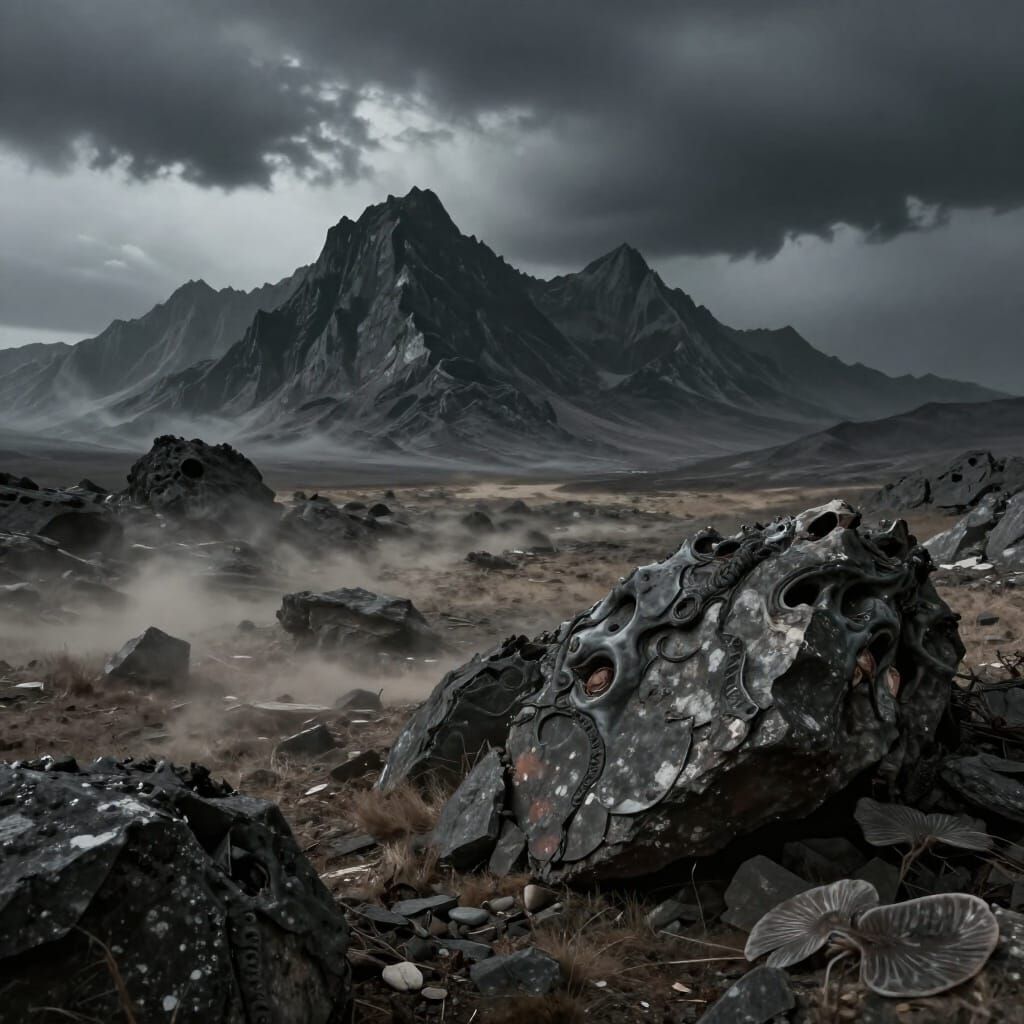 Desolate Rocky Landscape Under Stormy Sky