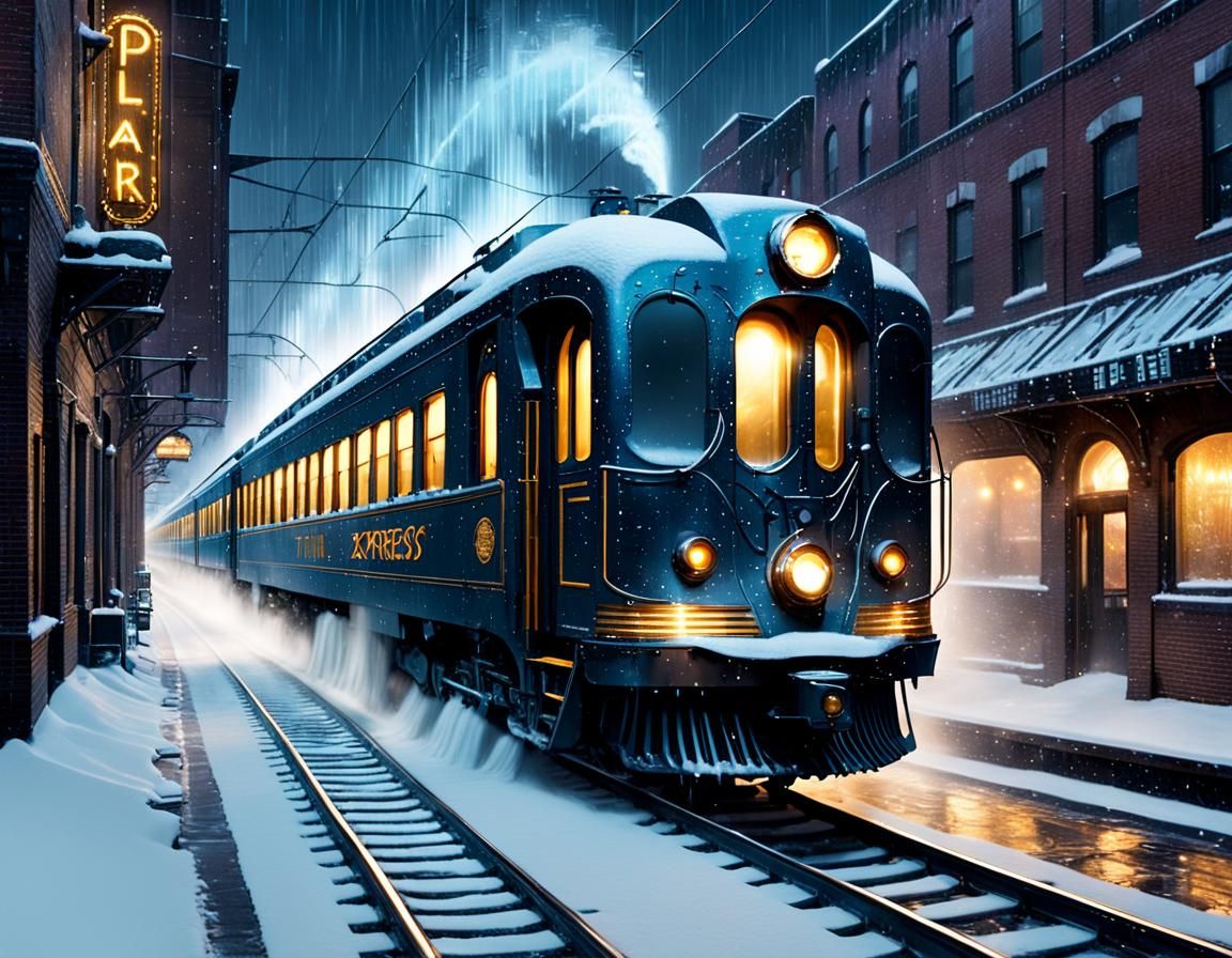 Elegant Art Deco Train Chugs Through Snowy Urban Night