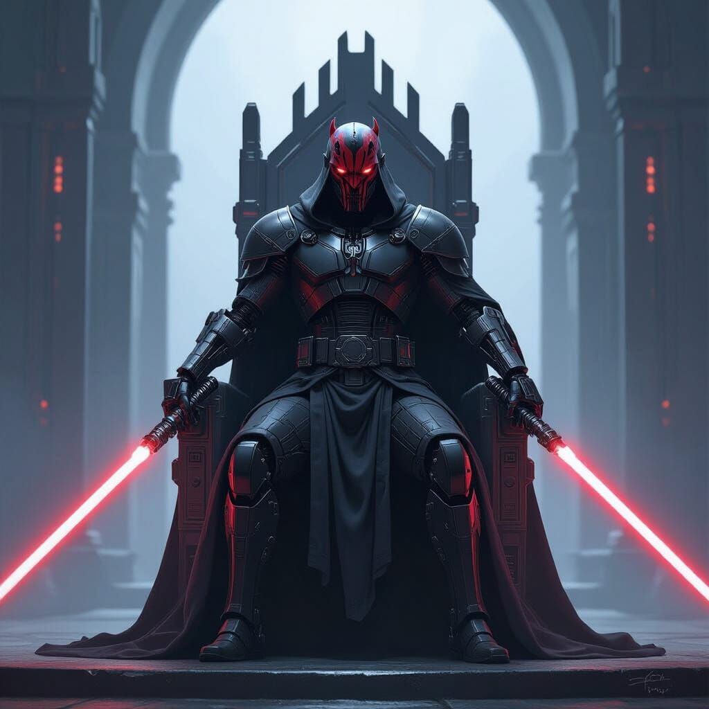 Sith Lord with Cybernetic Hands and Crimson Lightsabers