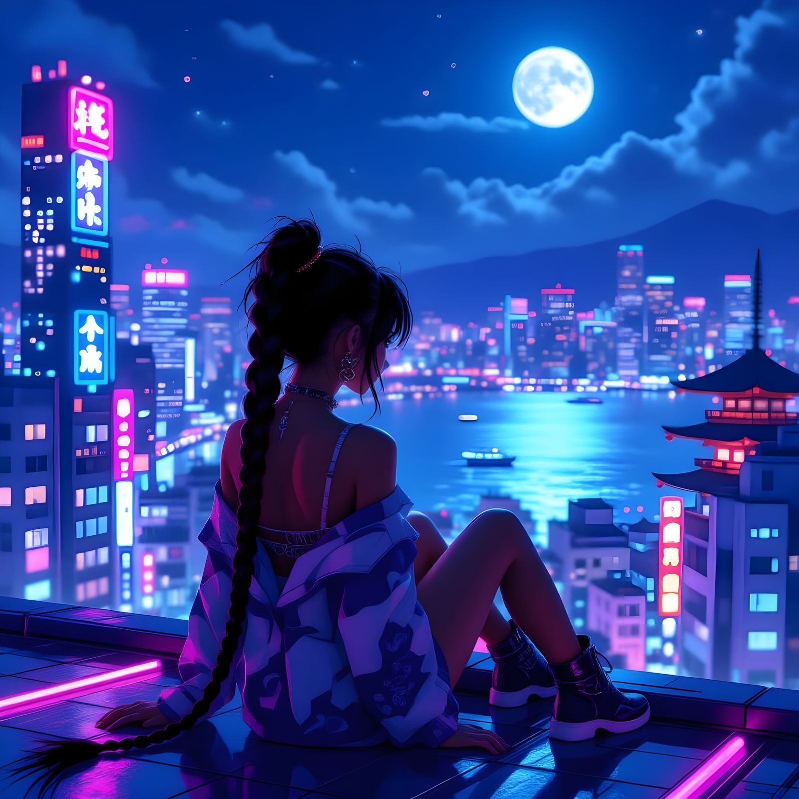 Gyaru Girl in Futuristic Tokyo, Anime Style