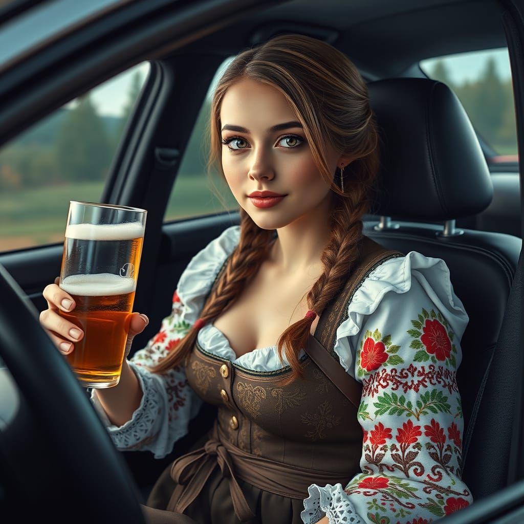 Girl in Dirndl in BMW: Hyperrealistic Art