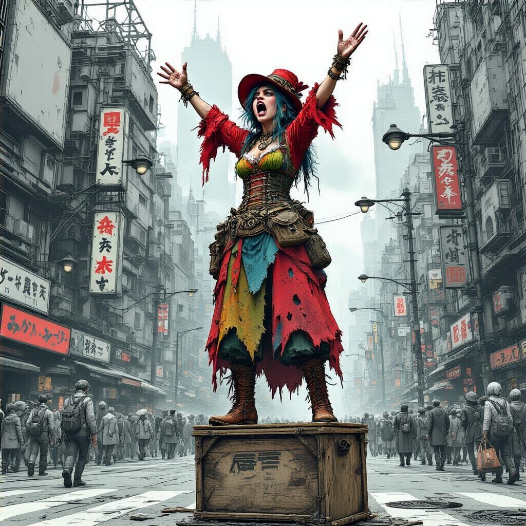 Steampunk Gypsy Orator in Dystopian Cityscape