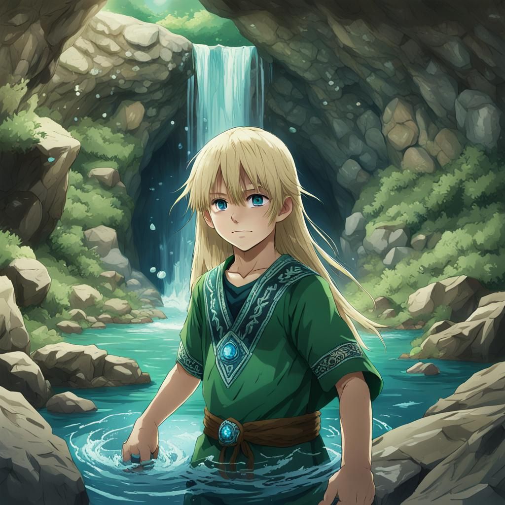 Anime Style Boy with Water Power in Cave