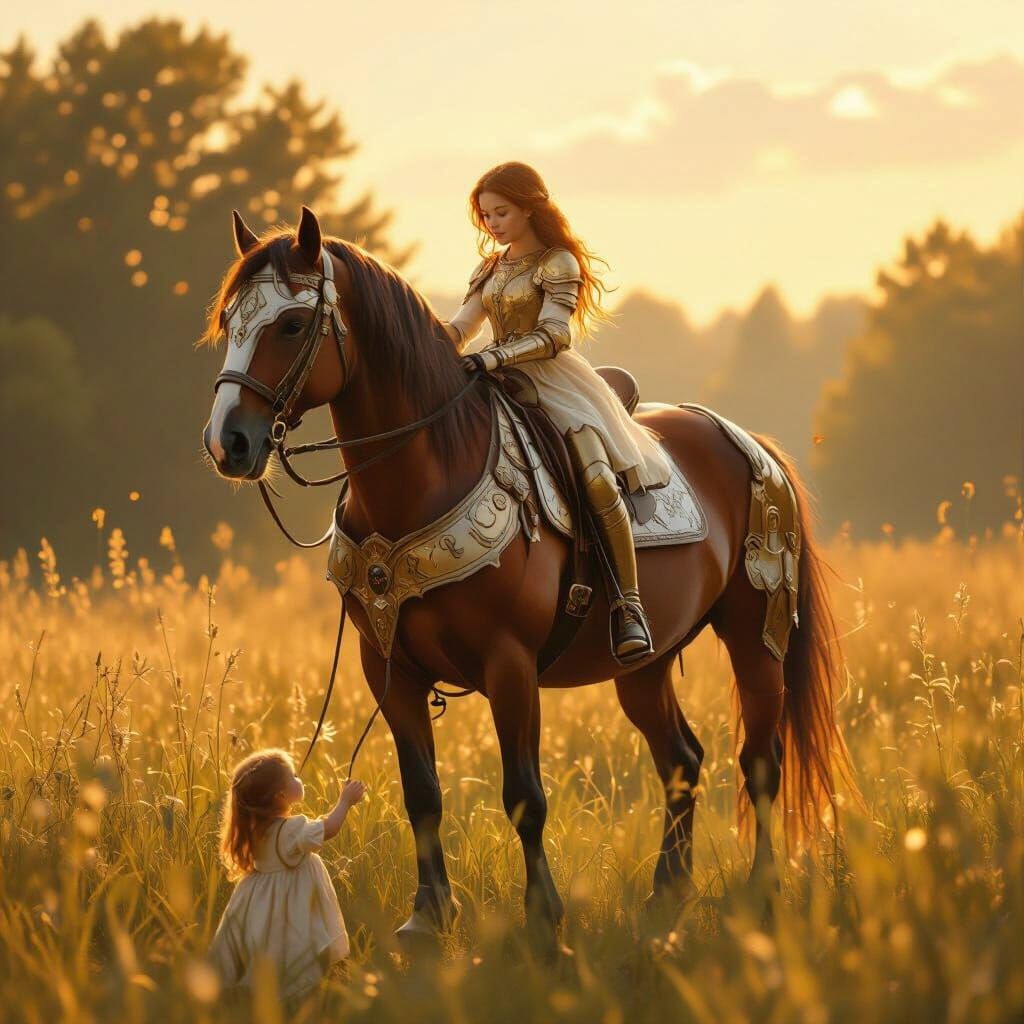Girl and Knight Horse in Forest Clearing
