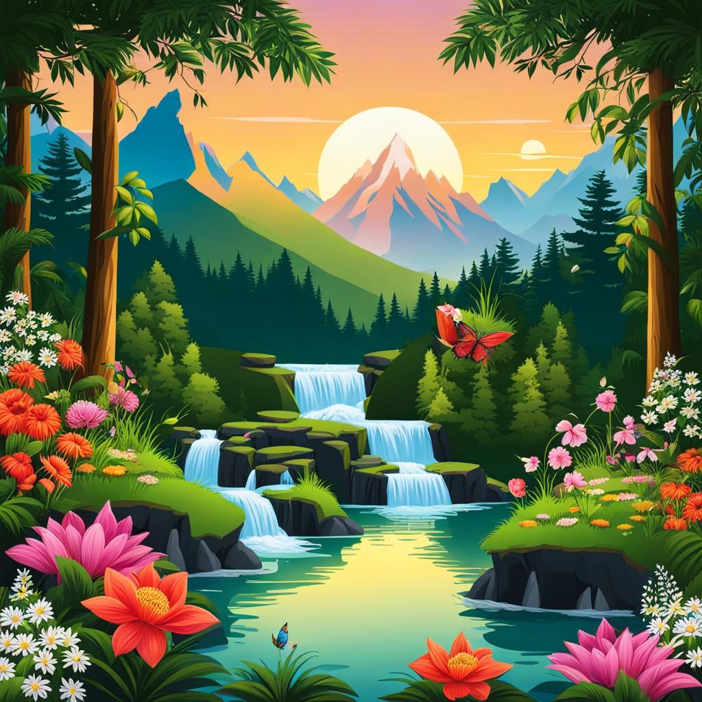 Lush Mountain Landscape with Waterfall and Wildlife