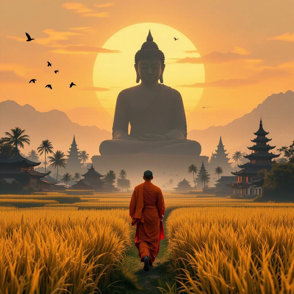 Monk Walks Through Rice Paddy at Sunrise