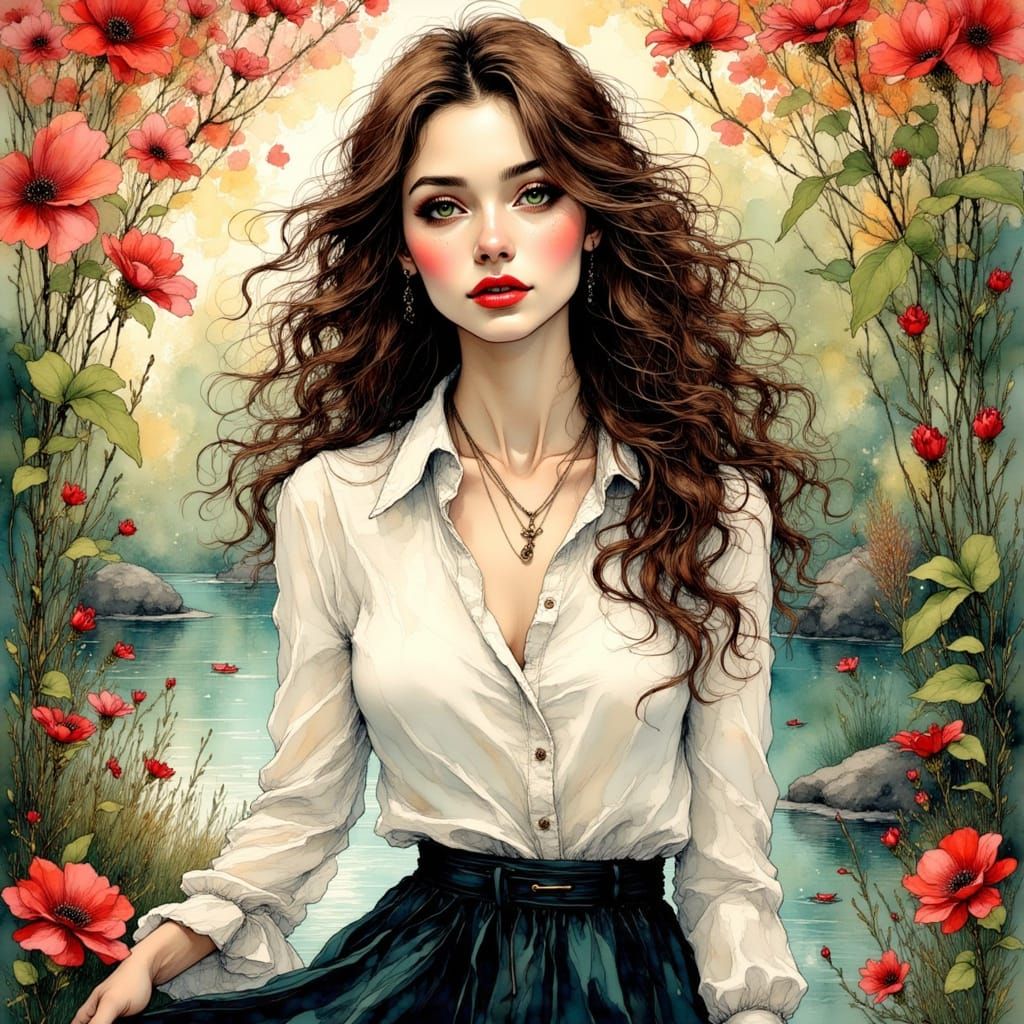 Young Woman in Japanese Garden, Dreamy Style