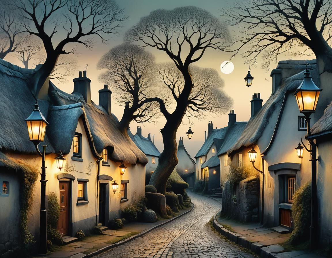 Irish Village Streetscape in Pop Surrealism Style