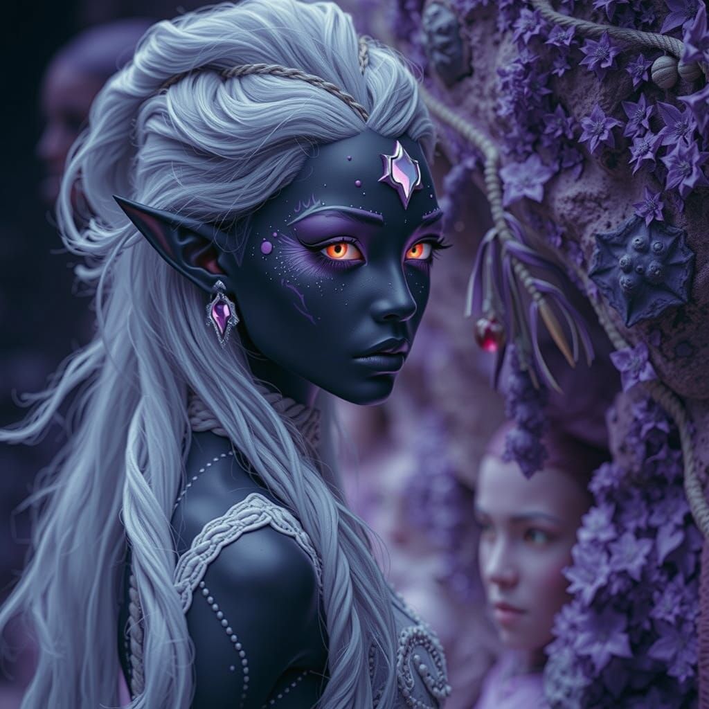 Epic Elf Woman on Purple Cliff: Cinematic Art