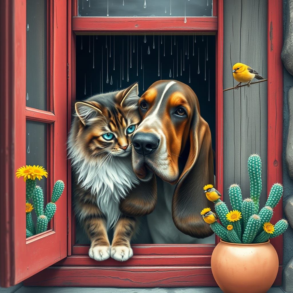 Cat and Hound Embrace at Rainy Window