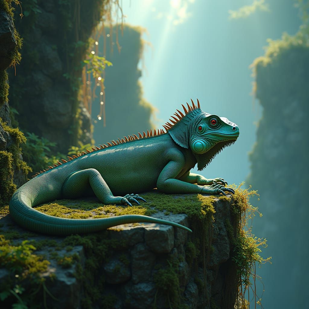 Iguana in Mystical Landscape, Matte Painting Style