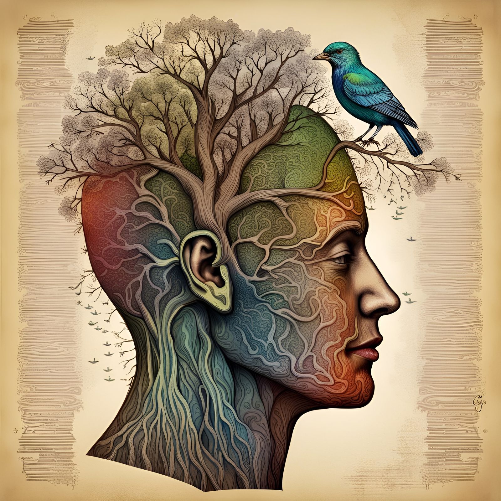Alchemic Woodcut: Human Head with Brain-Tree