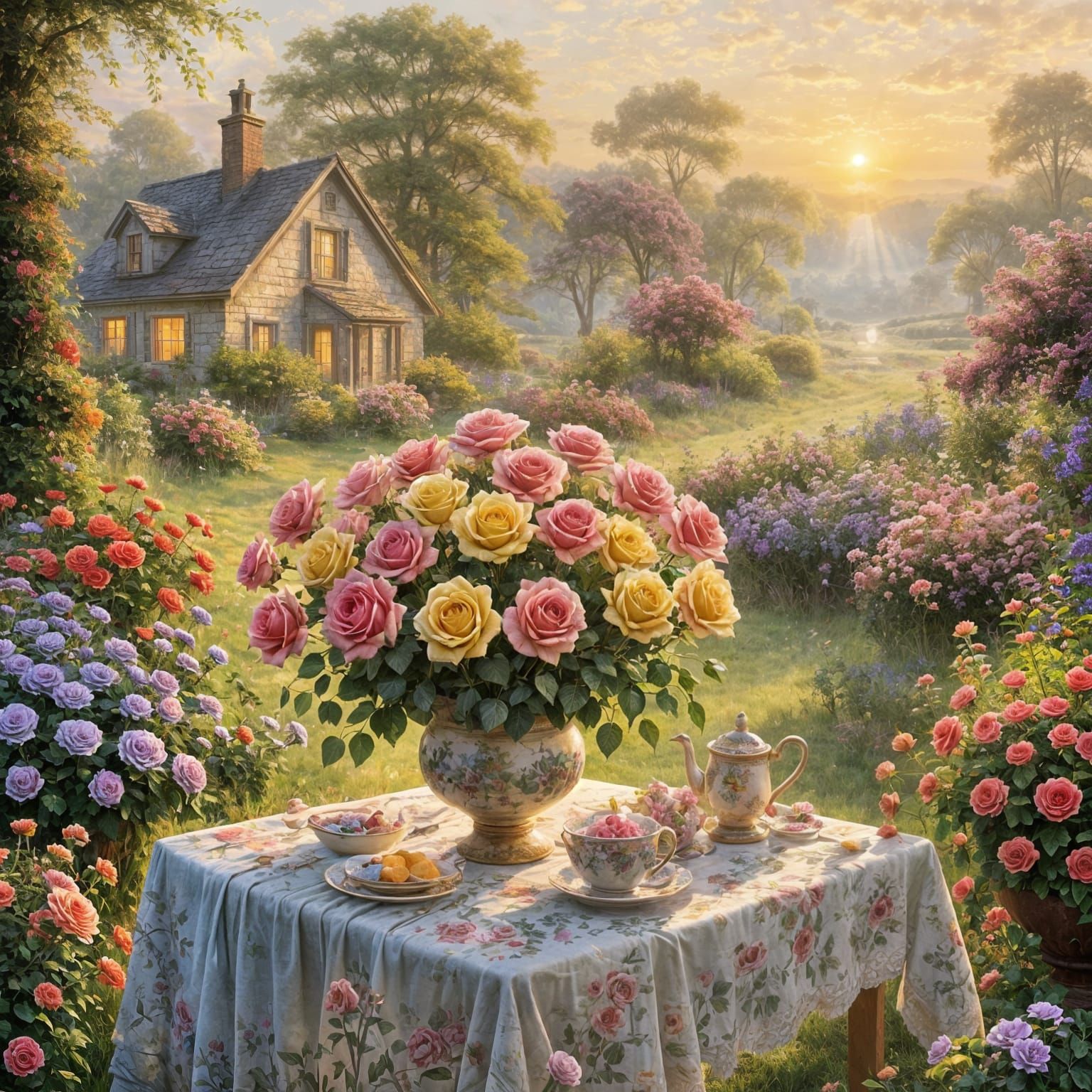 Colorful Roses in Garden at Sunrise, Fantasy Style