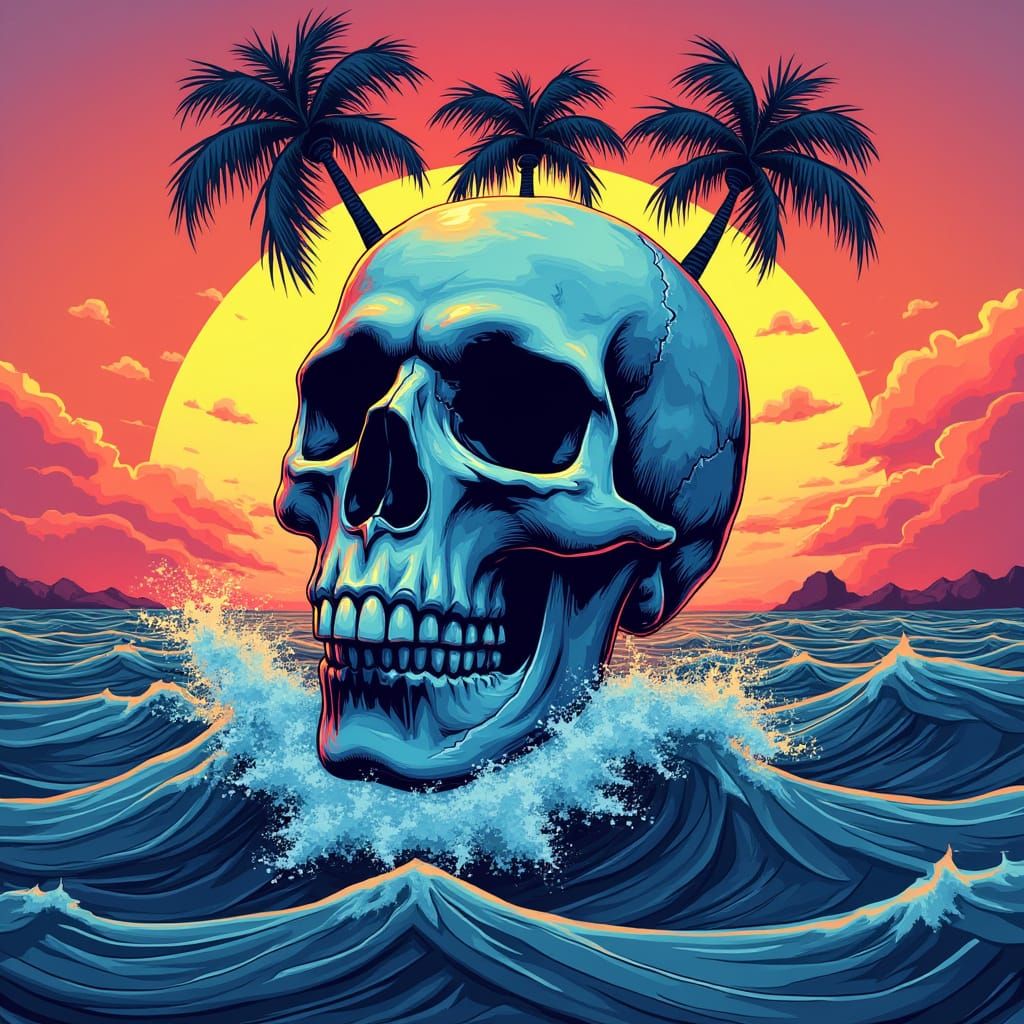 Vibrant Sunset Skull with Ocean Waves and Palm Trees in Bold...