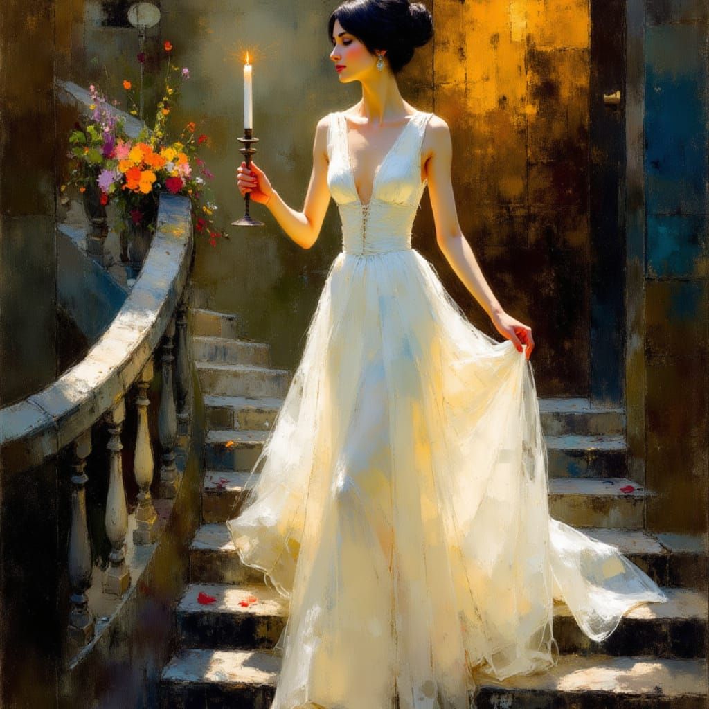 Elegant Woman Descends Stairs with Candle in Surreal Style