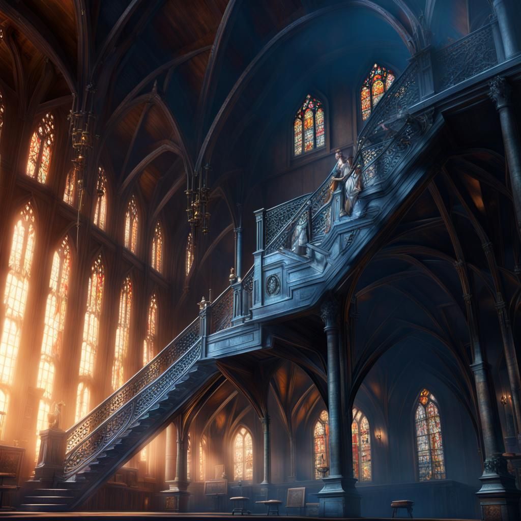 Grand Medieval Library with Stained Glass Window