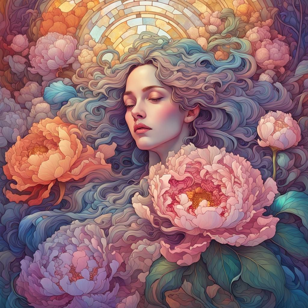 Surreal Goddess Emerging from Radiant Stained Glass