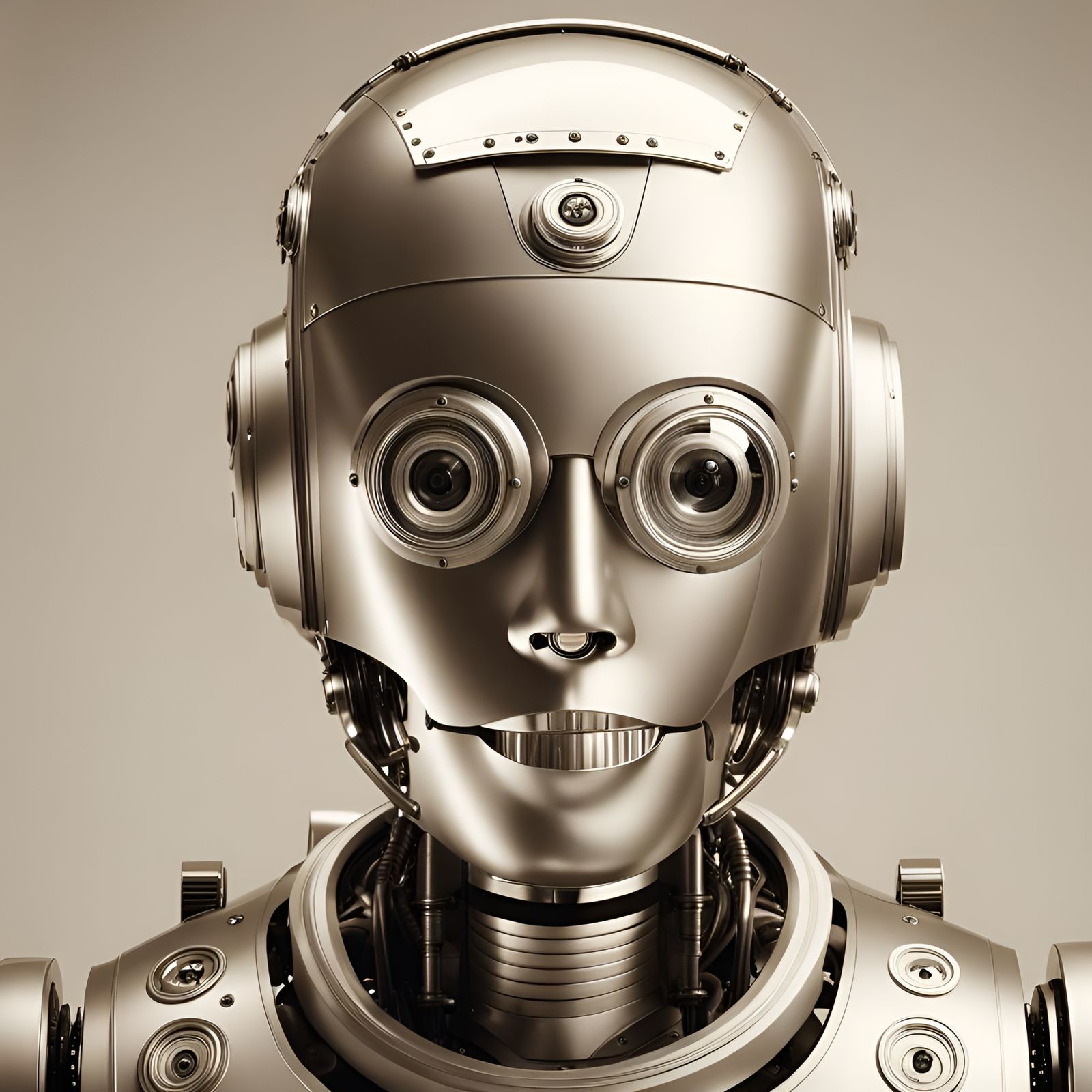 Vintage Sepia Photograph of Detailed Humanoid Robot