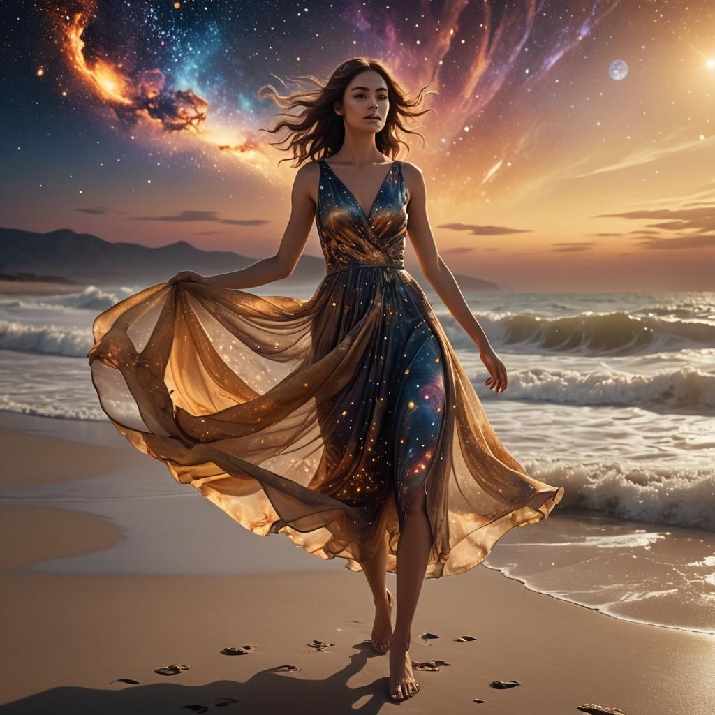 Girl in Nebula Dress on Beach at Sunset