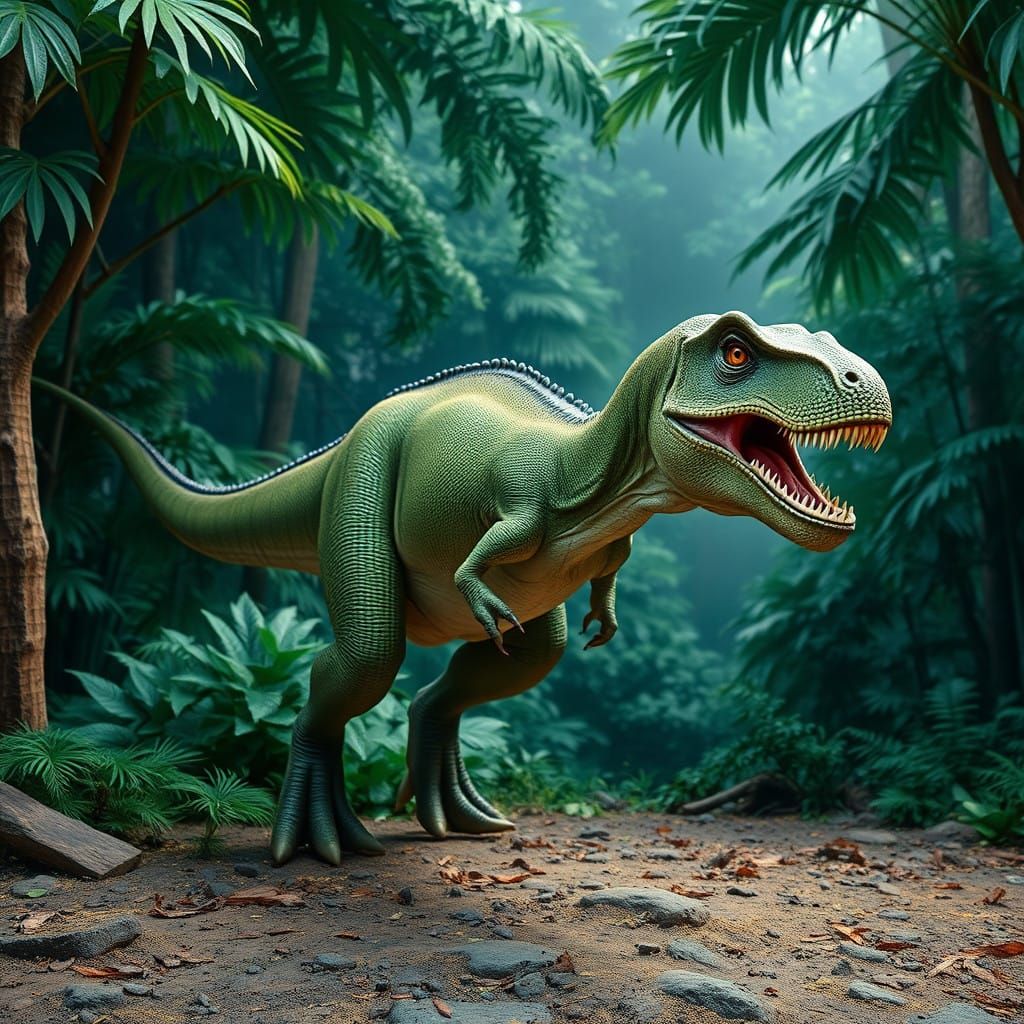 Realistic Dinosaur Rex in Lush Rainforest