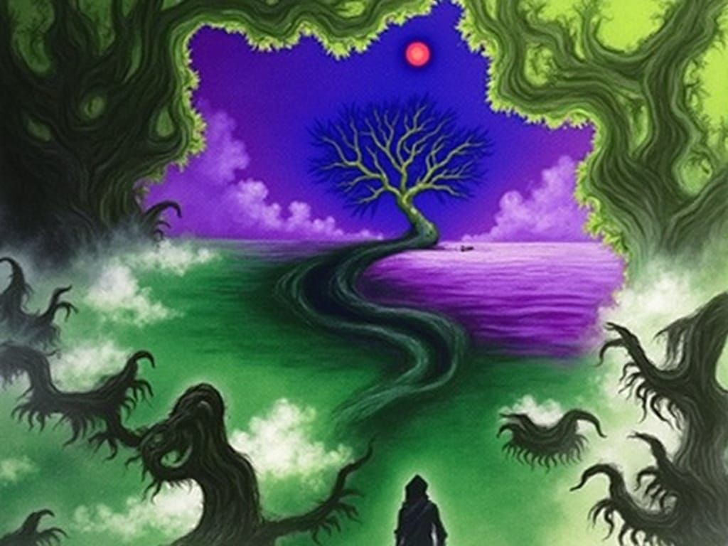 Wanderer in Beksiński-Inspired Dystopian Landscape