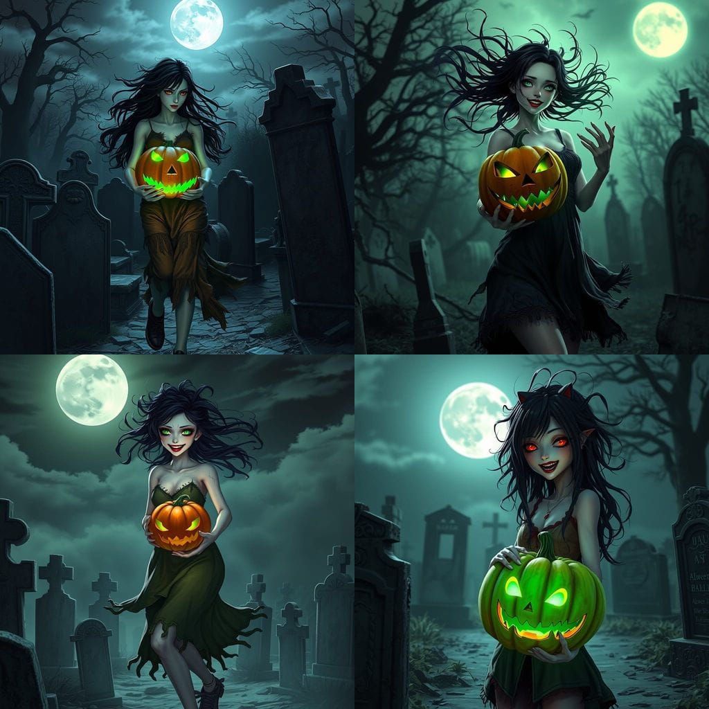 Woman with Glowing Pumpkin in Moonlit Cemetery