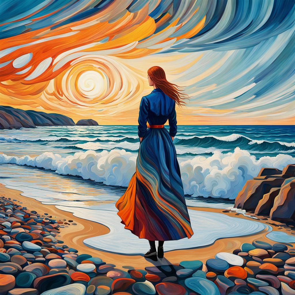 Elegant Woman at Sunrise: Expressionist Painting