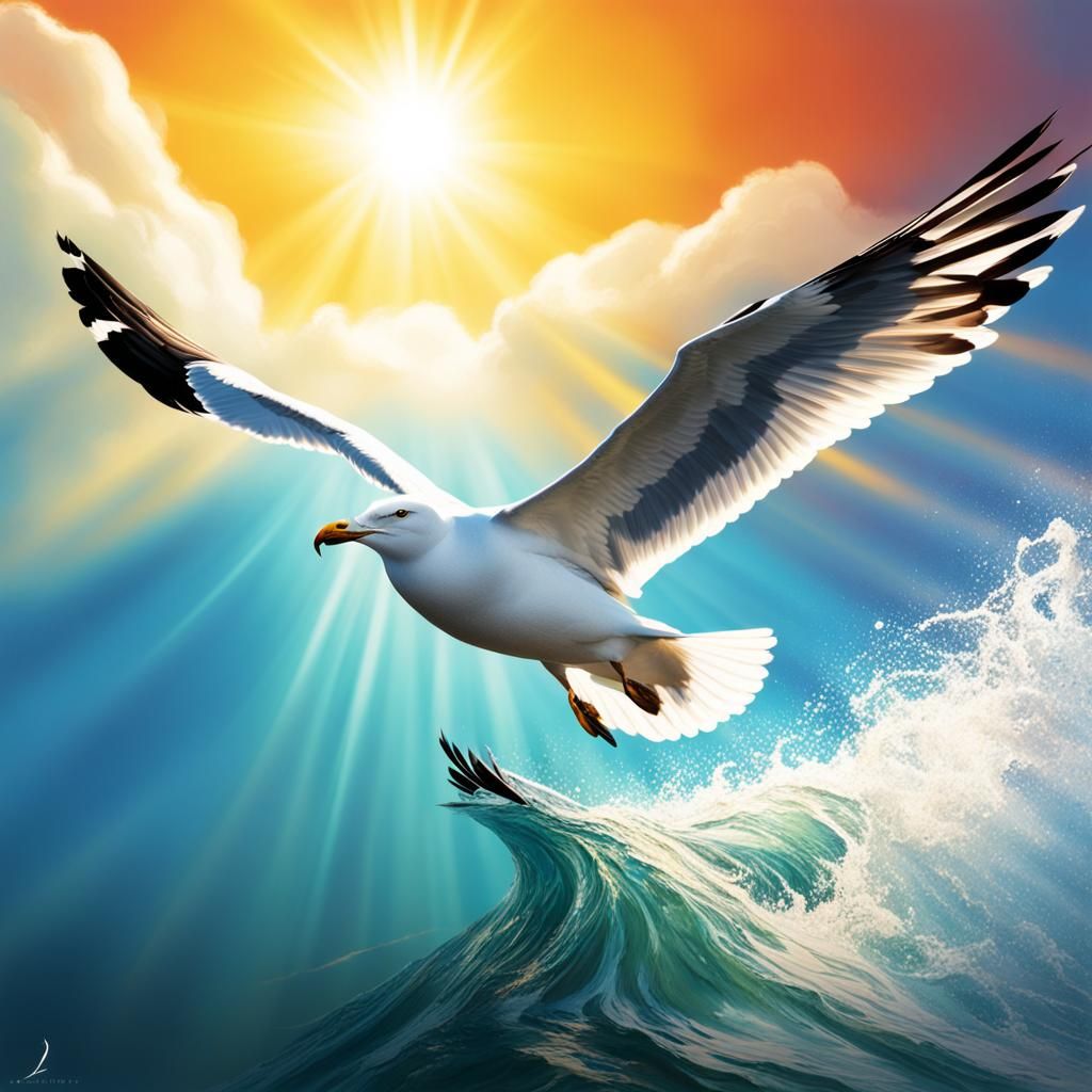 Seagull Flying to Sun: Hyperrealistic Splash Art