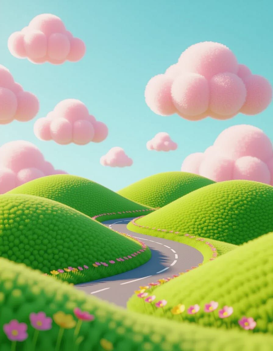 Whimsical 3D Landscape of Woolly Hills and Pink Clouds