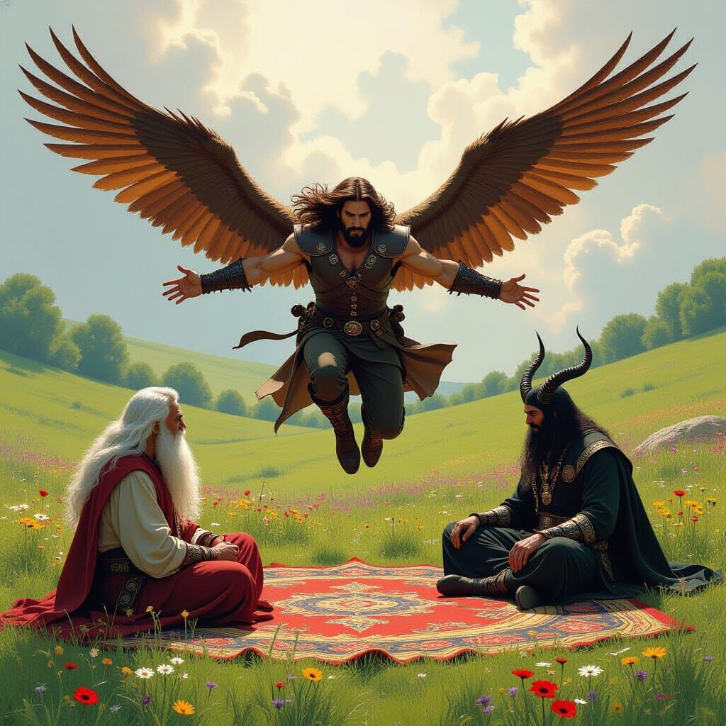 Winged Man Soaring Over Wise Man and Satan