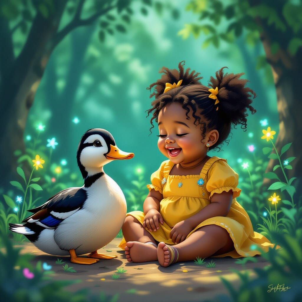 Girl and Ancient Duck in Bioluminescent Grove