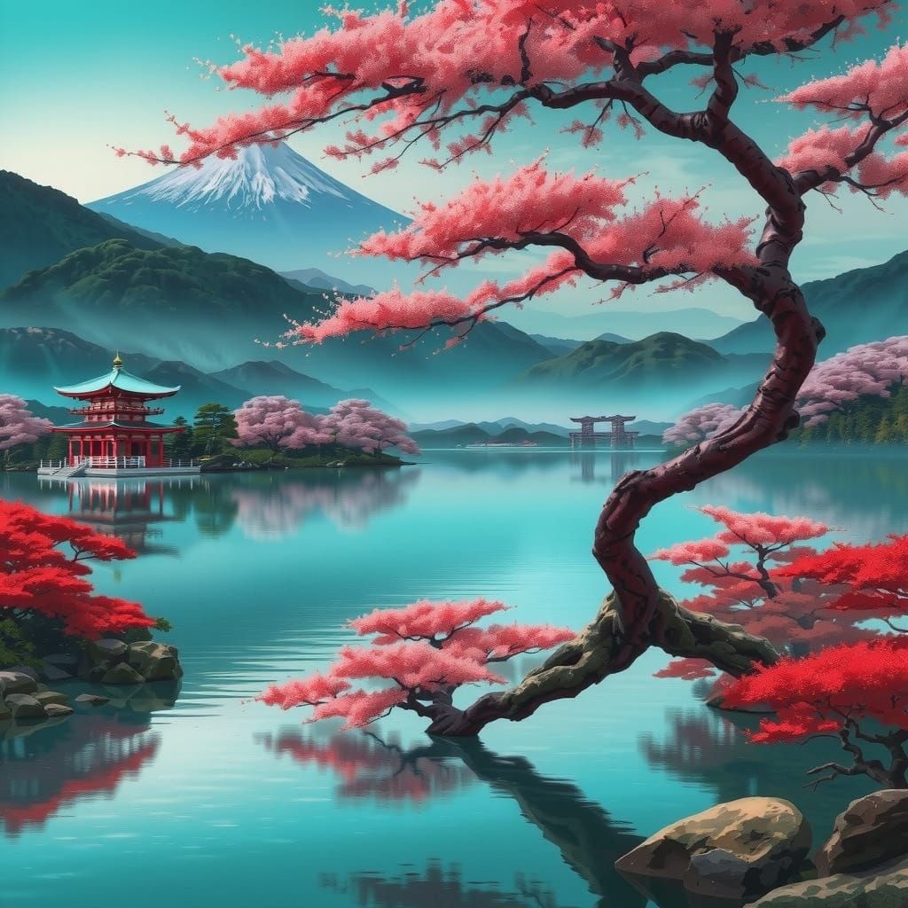 Ancient Sakura Tree in Vibrant Grunge Hues