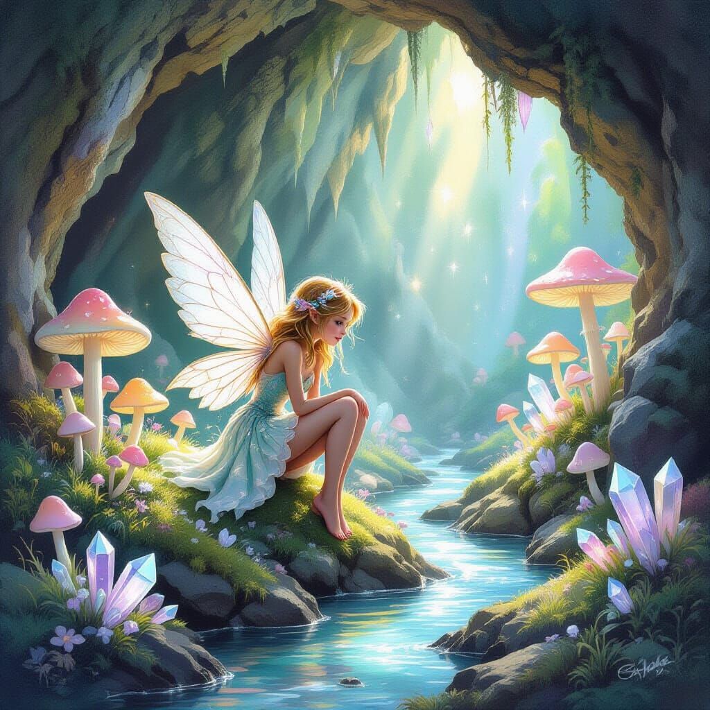 Enchanting Fairy Cave with Pastel Mushrooms and Crystals