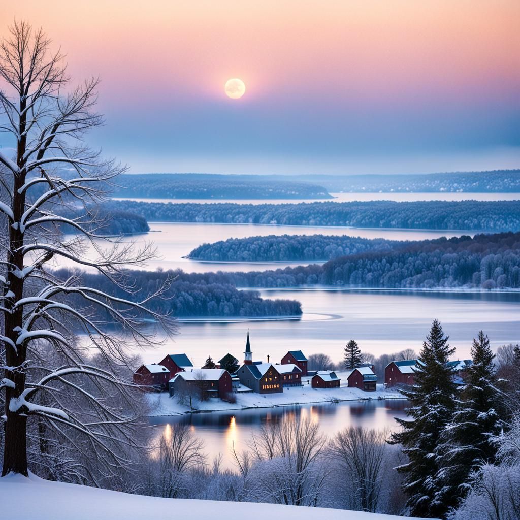 New England Winter Dusk Landscape in Romanticism Style