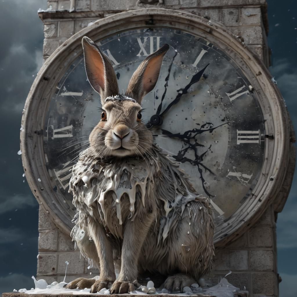Surreal Clockwork Rabbit on Melting Clock Tower