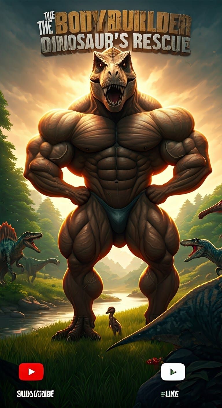 Bodybuilder T-Rex Heroic Rescue: Dramatic Dinosaur Scene