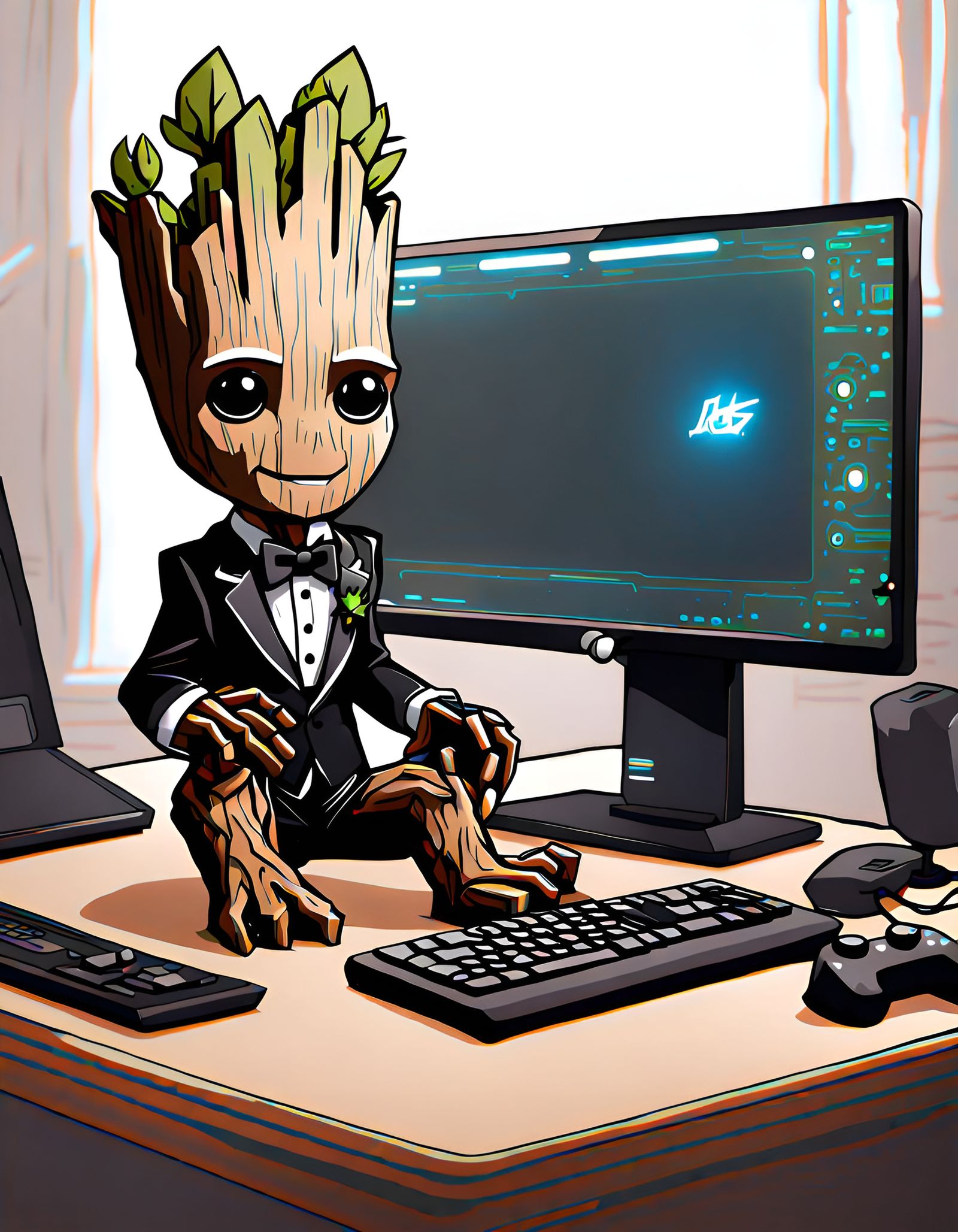Chibi Groot in Tuxedo Plays Gaming PC