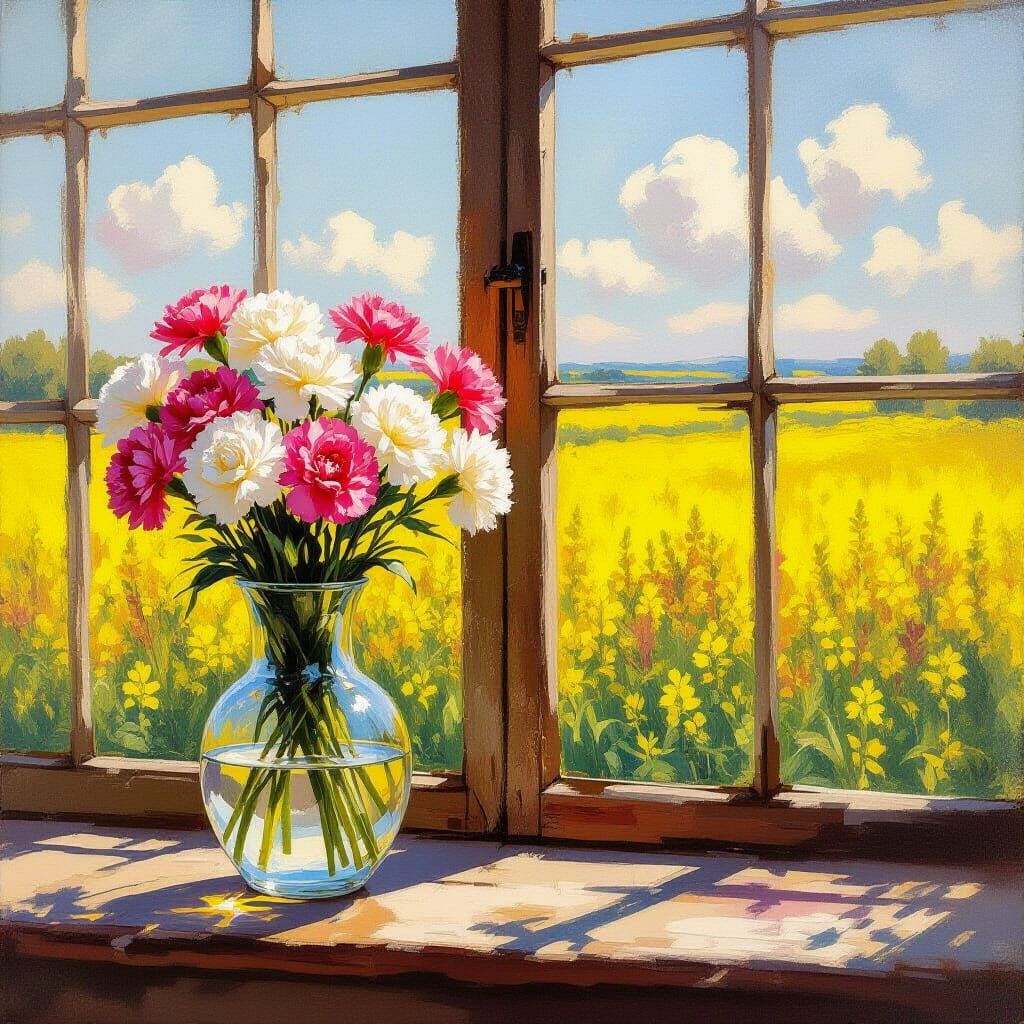 Impressionist Sunroom Scene: Carnations and Canola Field