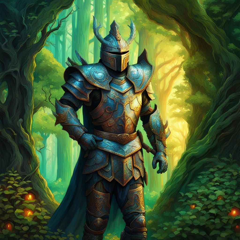 Warrior Guarding Portal in Ancient Forest, Digital Art