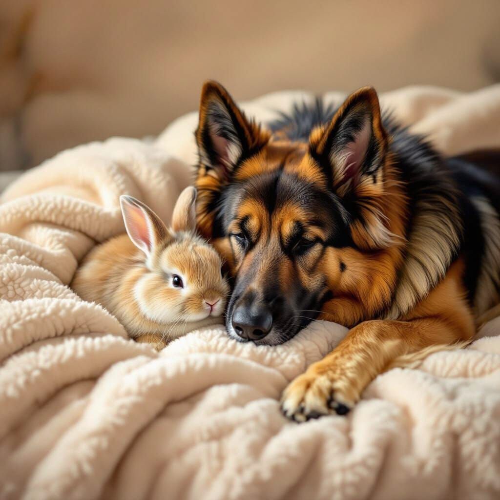 German Shepherd and Rabbit Resting on Plush Blanket